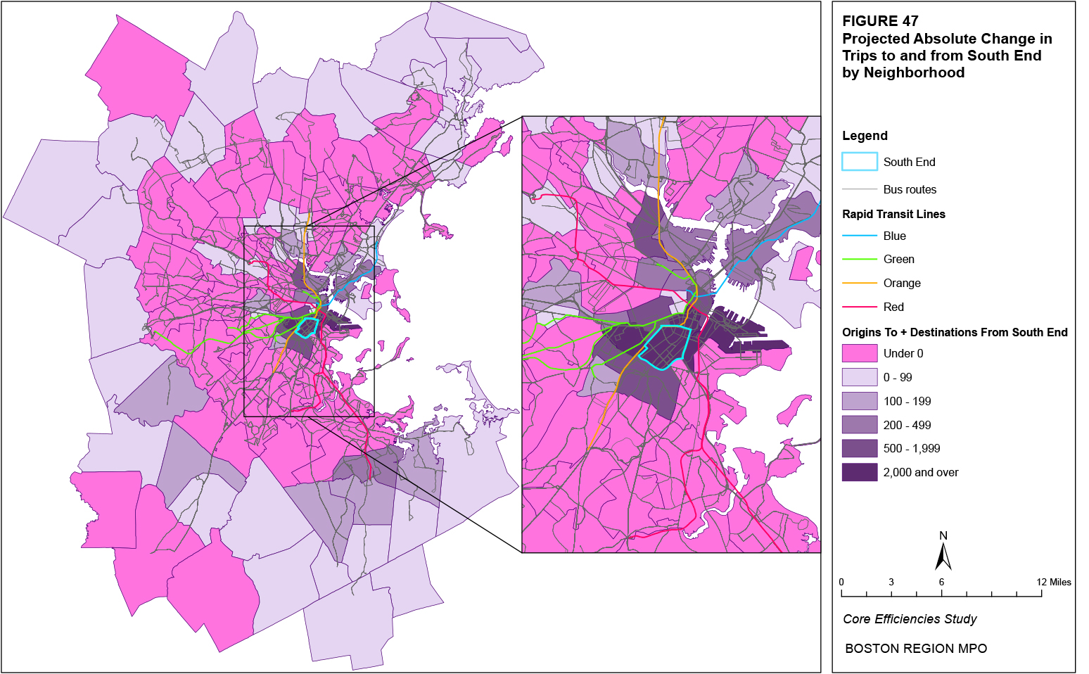 This map shows the projected absolute change in trips to and from the South End neighborhood by neighborhood.